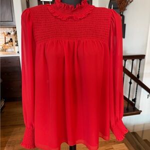 Ann Taylor Vibrant Red Blouse with Ruffled Neckline